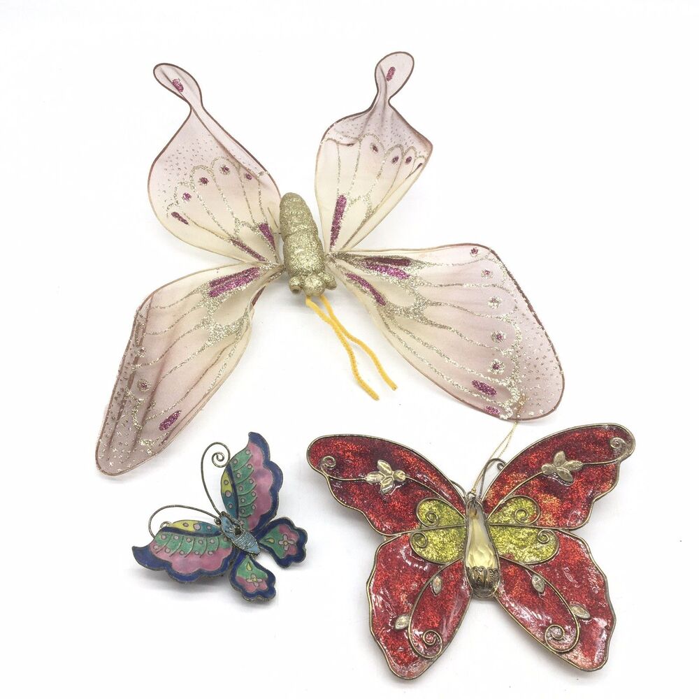 Lot Of 3 Butterfly Ornaments Decor Cloisonne Enamel Gold Tone Garden Art Vintage
